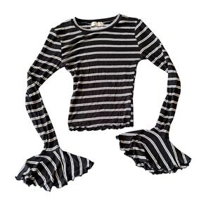 Urban Outfitters Striped Bell Sleeve Lettuce Edge Ribbed Top Black White XS